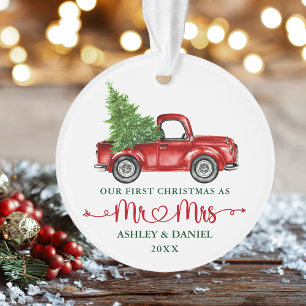 Calligraphy Heart Our First Christmas Red Truck Ornament