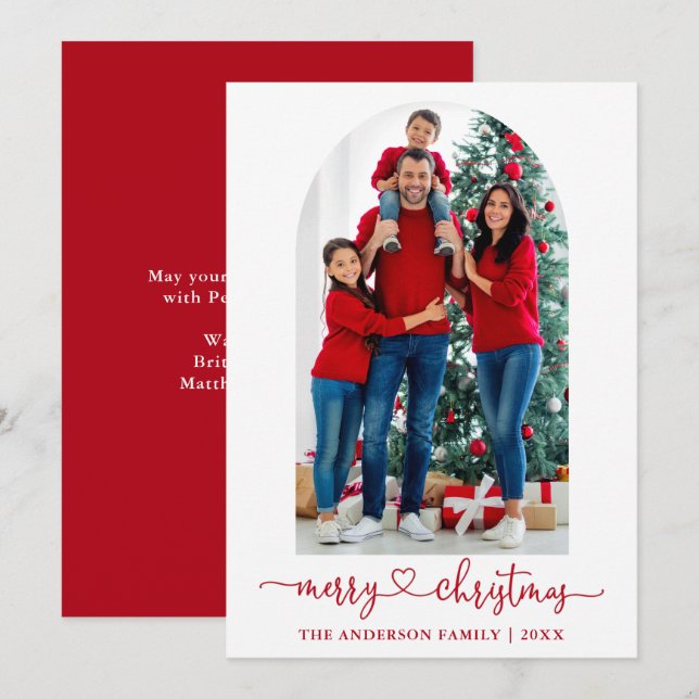 Calligraphy Heart Photo Arch Red Christmas Holiday Card (Front/Back)