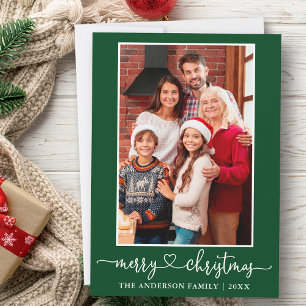 Calligraphy Heart Photo Merry Christmas Green Holiday Card