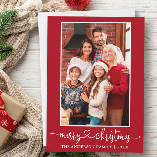 Calligraphy Heart Photo Merry Christmas Red Holiday Card