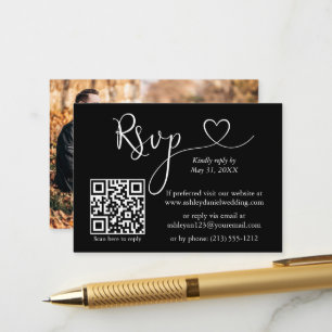 Calligraphy Heart Photo QR RSVP Wedding Enclosure Card