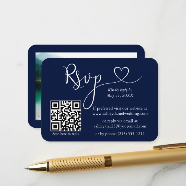 Calligraphy Heart Photo Wedding Blue RSVP QR Enclosure Card (Front/Back In Situ)