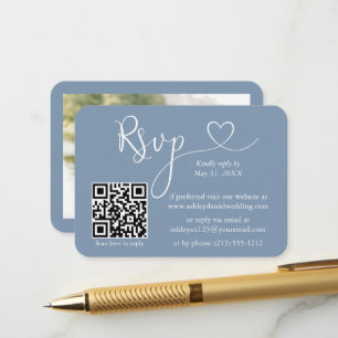 Calligraphy Heart Photo Wedding Dusty Blue RSVP QR Enclosure Card