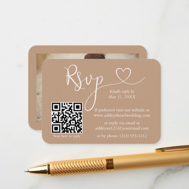 Calligraphy Heart Photo Wedding Taupe RSVP QR Enclosure Card (Front/Back In Situ)