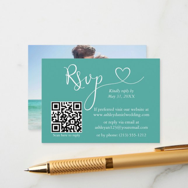 Calligraphy Heart Photo Wedding Teal QR RSVP Enclosure Card (Front/Back In Situ)