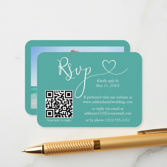 Calligraphy Heart Photo Wedding Teal RSVP QR Enclosure Card (Front/Back In Situ)