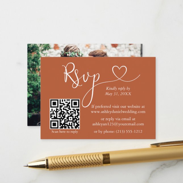 Calligraphy Heart Photo Wedding Terracotta QR RSVP Enclosure Card (Front/Back In Situ)