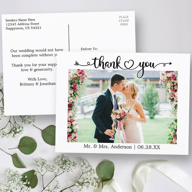Calligraphy Heart Photo Wedding Thank You Postcard (Customize to change your personalized text size or text style.)