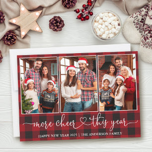 Calligraphy Heart Plaid More Cheer 3 Photo Holiday Card