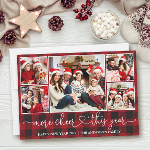 Calligraphy Heart Plaid More Cheer 5 Photo Holiday Card