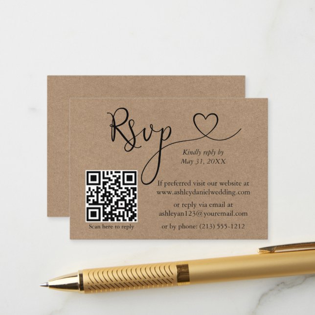 Calligraphy Heart QR Wedding Kraft RSVP Enclosure Card (Front/Back In Situ)
