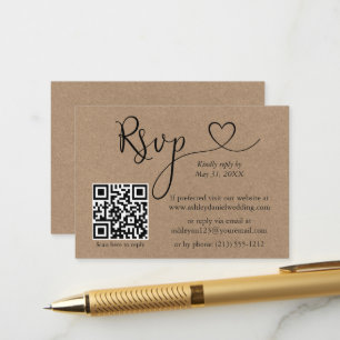 Calligraphy Heart QR Wedding Kraft RSVP Enclosure Card