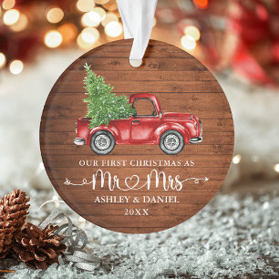 Calligraphy Heart Rustic First Christmas Red Truck Ornament
