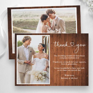 Calligraphy Heart Rustic Wood Wedding 2 Photo Thank You Card
