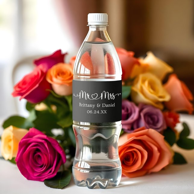 Calligraphy Heart Script Mr. and Mrs. Wedding Water Bottle Label (Customize to change background color.)