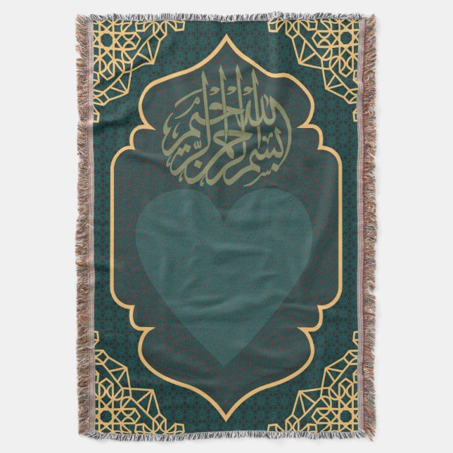 Calligraphy Heart Teal Gold Woven  Throw Blanket (Front Vertical)