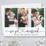 Calligraphy Heart We Got Married 3 Photo Wedding Announcement<br><div class="desc">Modern Calligraphy Script Heart Minimalist Simple 3 Photo We Got Married Wedding Announcement Card</div>