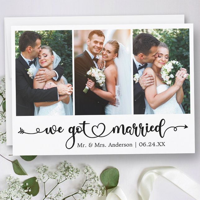 Calligraphy Heart We Got Married 3 Photo Wedding Announcement (Customize to change your personalized text size, text style or to add text to back of card.)