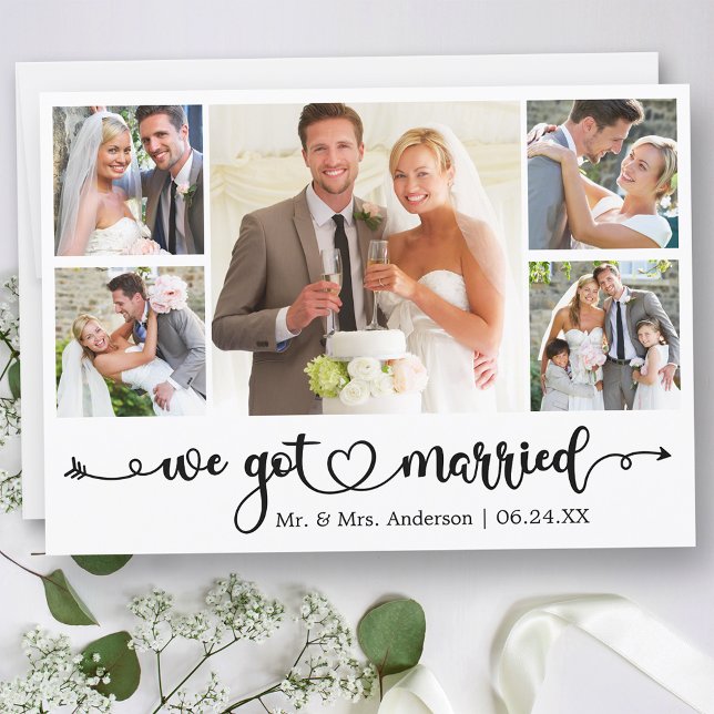 Calligraphy Heart We Got Married 5 Photo Wedding Announcement (Customize to change your personalized text size, text style or to add text to back of card.)