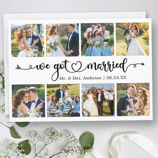 Calligraphy Heart We Got Married 8 Photo Wedding Announcement (Customize to change your personalized text size, text style or to add text to back of card.)