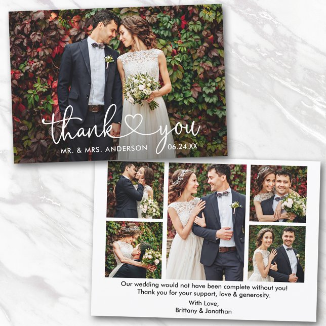 Calligraphy Heart Wedding 6 Photos Bride Groom Thank You Card (Customize to change your personalized text size or text style.)