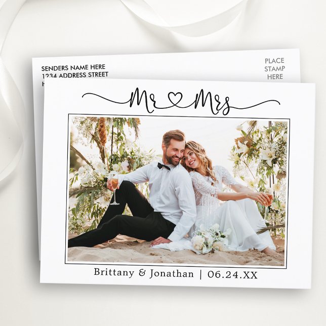 Calligraphy Heart Wedding Mr. Mrs. Photo Thank You Postcard (Customize to change your personalized text size or text style.)