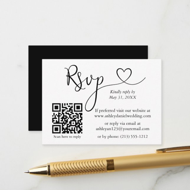 Calligraphy Heart Wedding QR Black RSVP Enclosure Card (Front/Back In Situ)