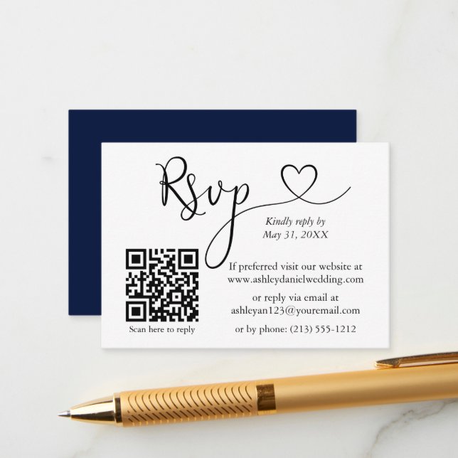 Calligraphy Heart Wedding QR Blue RSVP Enclosure Card (Front/Back In Situ)