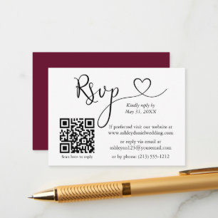 Calligraphy Heart Wedding QR Burgundy RSVP Enclosure Card