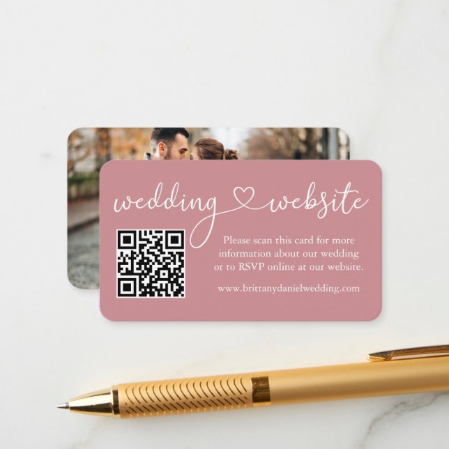 Calligraphy Heart Wedding Web QR Photo Dusty Rose Enclosure Card (Front/Back In Situ)