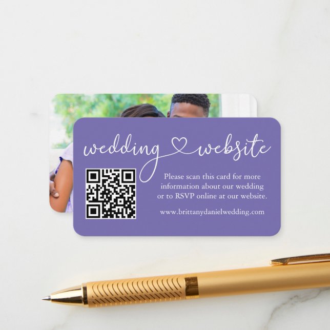 Calligraphy Heart Wedding Web QR Photo Periwinkle Enclosure Card (Front/Back In Situ)