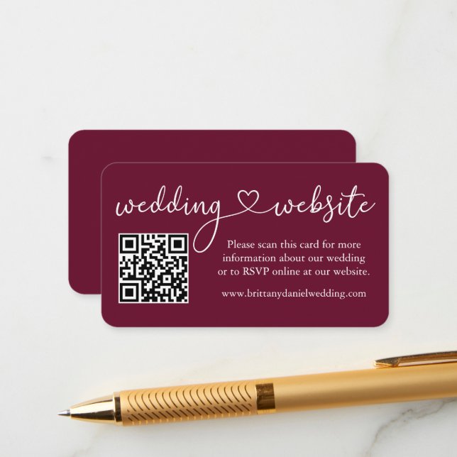 Calligraphy Heart Wedding Website QR Burgundy Enclosure Card (Front/Back In Situ)