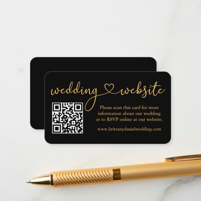 Calligraphy Heart Wedding Website QR Gold Black Enclosure Card (Front/Back In Situ)
