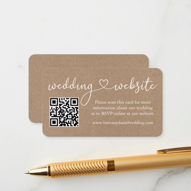 Calligraphy Heart Wedding Website QR Kraft Enclosure Card (Front/Back In Situ)