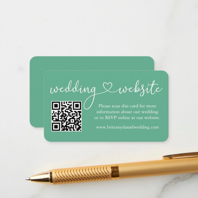 Calligraphy Heart Wedding Website QR Mint Green Enclosure Card (Front/Back In Situ)