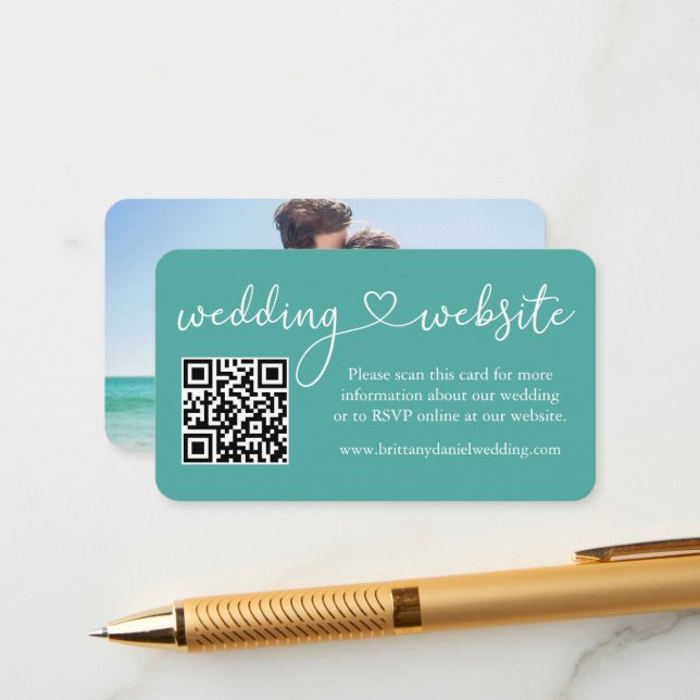 Calligraphy Heart Wedding Website QR Photo Teal Enclosure Card (Front/Back In Situ)