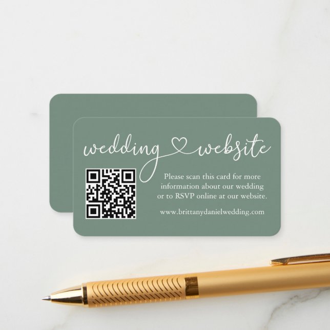 Calligraphy Heart Wedding Website QR Sage Green Enclosure Card (Front/Back In Situ)