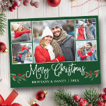 Calligraphy Holly 5 Photo Couple Christmas Green Postcard<br><div class="desc">Modern Fun Calligraphy Script 5 Photo Couple Photo Collage Merry Christmas Postcard includes Watercolor Christmas Holly Berries - Forest Green Background</div>