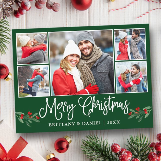 Calligraphy Holly 5 Photo Couple Christmas Green Postcard (Customize to change your personalized text size or text style.)