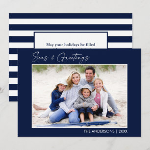 Calligraphy Ink Blue Seas and Greetings Photo Holiday Card