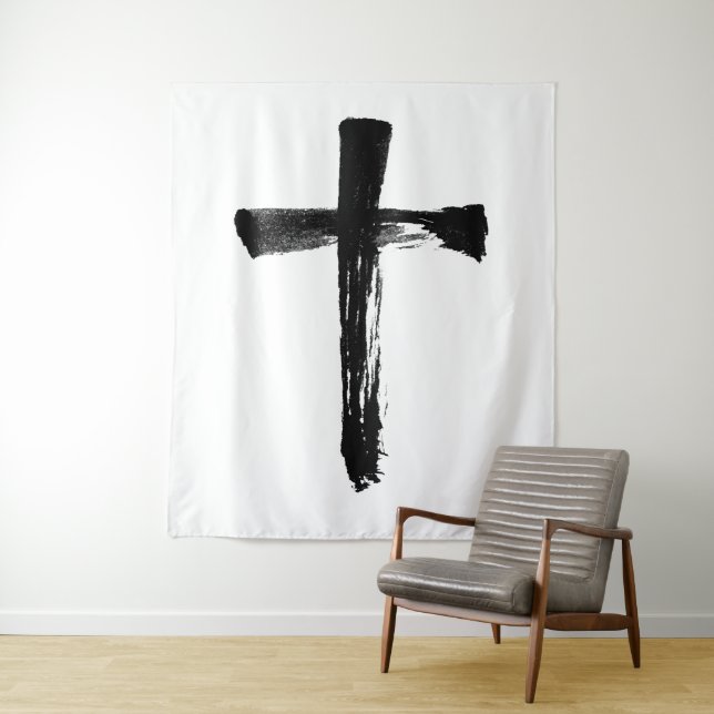Calligraphy Ink Brush Cross - Modern Crucifix Tapestry (In Situ)