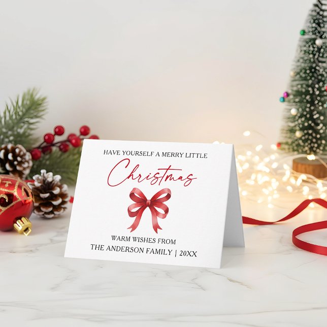 Calligraphy Ink Pen Christmas Red Bow Folded Note Holiday Card (Customize to add text to inside of card.)