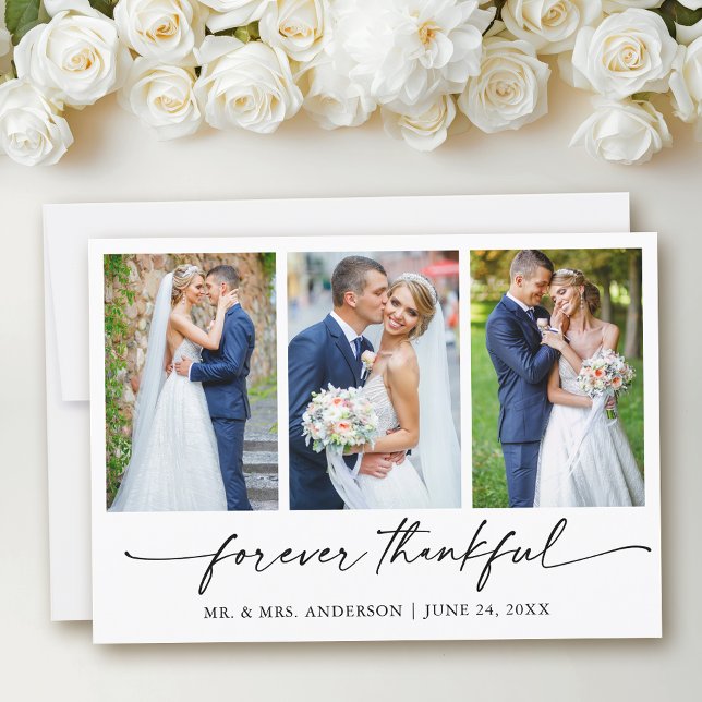 Calligraphy Ink Pen Thankful 3 Photo Wedding Thank You Card (Customize to add text to back of card.)