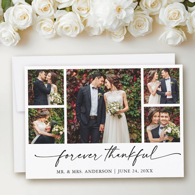 Calligraphy Ink Pen Thankful 5 Photo Wedding Thank You Card (Customize to add text to back of card.)