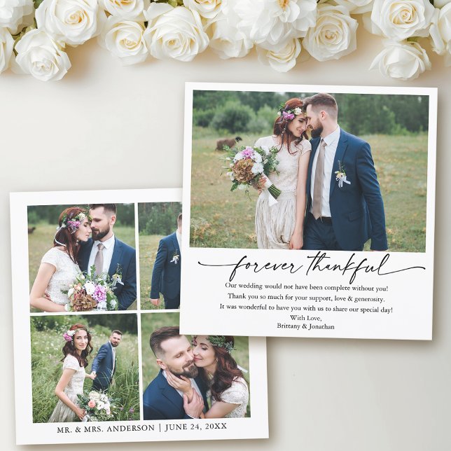 Calligraphy Ink Pen Thankful Wedding 5 Photos Thank You Card (Customize to change your personalized text size or text style.)