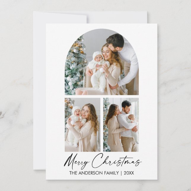 Calligraphy Ink Script 3 Photo Arch Christmas Holiday Card (Front)