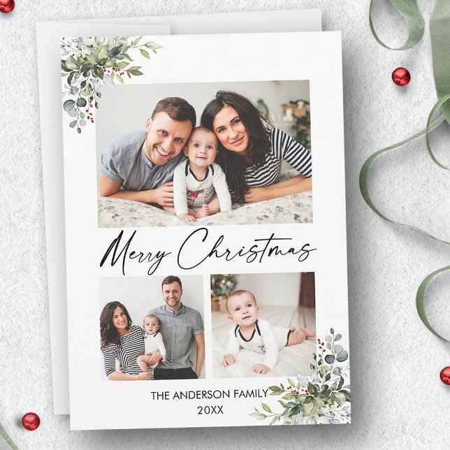 Calligraphy Ink Script 3 Photo Greenery Berries Holiday Card (Customize to change your personalized text size or text style.)