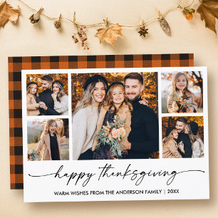 Calligraphy Ink Script 5 Photo Plaid Thanksgiving Holiday Card