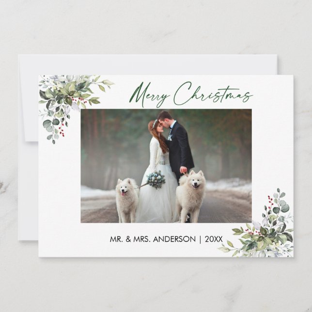 Calligraphy Ink Script Couple Greenery Berries Holiday Card (Front)