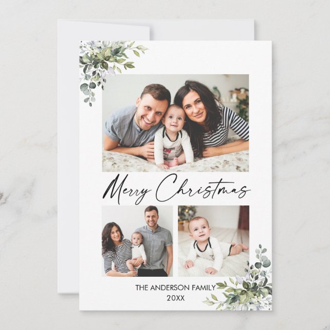 Calligraphy Ink Script Greenery 3 Photo Christmas Holiday Card (Front)
